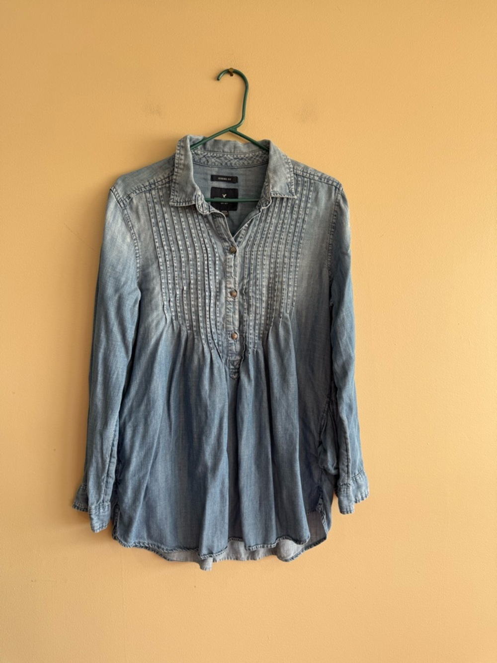 American Eagle Outfitters Light Blue Denim Pintuck Tunic - Picture 2 of 7